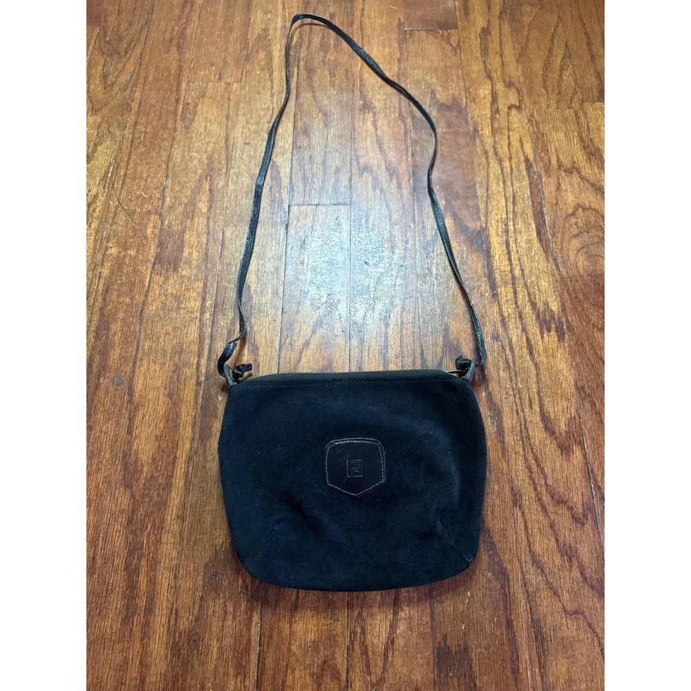 Vintage Black Suede Crossbody Bag Logo Leather Patch Minimalist